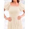 imagePRETTYGARDEN Womens Smocked Midi Tulle Dress 2025 Summer Puffy Short Sleeve Square Neck Ruffle Wedding Guest Party DressesBeige
