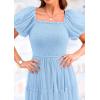 imagePRETTYGARDEN Womens Smocked Midi Tulle Dress 2025 Summer Puffy Short Sleeve Square Neck Ruffle Wedding Guest Party DressesLight Blue