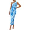imagePRETTYGARDEN Womens One Shoulder Bodycon Dress Summer 2025 Printed Ruched Mesh Dress Party Cocktail Fitted Long DressBlue