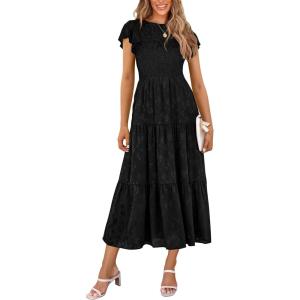 imagePRETTYGARDEN Womens Floral Midi Dresses 2025 Summer Cap Sleeve Smocked Ruffle A Line Long Flowy Wedding Guest DressBlack