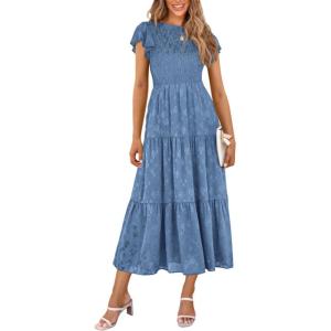 imagePRETTYGARDEN Womens Floral Midi Dresses 2025 Summer Cap Sleeve Smocked Ruffle A Line Long Flowy Wedding Guest DressBlue