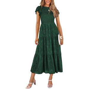 imagePRETTYGARDEN Womens Floral Midi Dresses 2025 Summer Cap Sleeve Smocked Ruffle A Line Long Flowy Wedding Guest DressDark Green