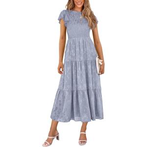 imagePRETTYGARDEN Womens Floral Midi Dresses 2025 Summer Cap Sleeve Smocked Ruffle A Line Long Flowy Wedding Guest DressGrey Blue