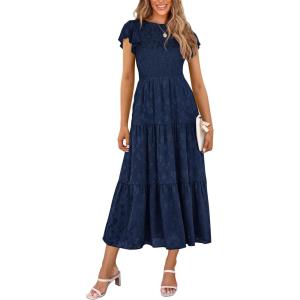 imagePRETTYGARDEN Womens Floral Midi Dresses 2025 Summer Cap Sleeve Smocked Ruffle A Line Long Flowy Wedding Guest DressNavy