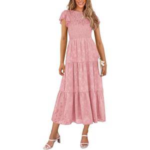 imagePRETTYGARDEN Womens Floral Midi Dresses 2025 Summer Cap Sleeve Smocked Ruffle A Line Long Flowy Wedding Guest DressPink