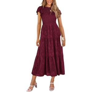 imagePRETTYGARDEN Womens Floral Midi Dresses 2025 Summer Cap Sleeve Smocked Ruffle A Line Long Flowy Wedding Guest DressWine Red