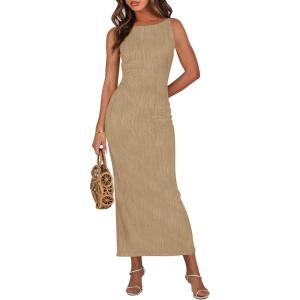 imagePRETTYGARDEN Womens Maxi Dress 2025 Summer Long Resort Wedding Guest Dresses Vacation Casual Bodycon Spaghetti Strap SundressKhaki
