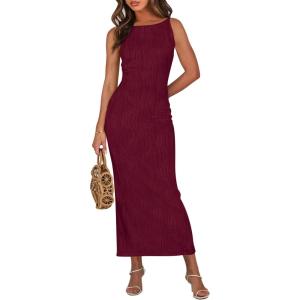 imagePRETTYGARDEN Womens Maxi Dress 2025 Summer Long Resort Wedding Guest Dresses Vacation Casual Bodycon Spaghetti Strap SundressWine Red