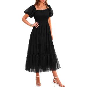 imagePRETTYGARDEN Womens Smocked Midi Tulle Dress 2025 Summer Puffy Short Sleeve Square Neck Ruffle Wedding Guest Party DressesBlack