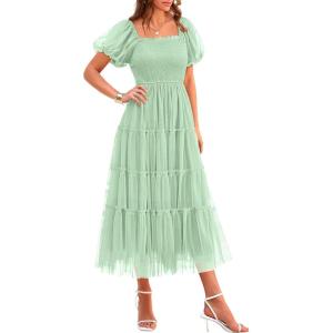 imagePRETTYGARDEN Womens Smocked Midi Tulle Dress 2025 Summer Puffy Short Sleeve Square Neck Ruffle Wedding Guest Party DressesLight Green