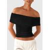 imagePRETTYGARDEN Off The Shoulder Tops for Women 2025 Summer Short Sleeve Ruched Slim Fit Shirts Blouses Y2K Going Out TopBlack