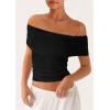 imagePRETTYGARDEN Off The Shoulder Tops for Women 2025 Summer Short Sleeve Ruched Slim Fit Shirts Blouses Y2K Going Out TopBlack
