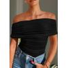 imagePRETTYGARDEN Off The Shoulder Tops for Women 2025 Summer Short Sleeve Ruched Slim Fit Shirts Blouses Y2K Going Out TopBlack