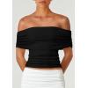 imagePRETTYGARDEN Off The Shoulder Tops for Women 2025 Summer Short Sleeve Ruched Slim Fit Shirts Blouses Y2K Going Out TopBlack