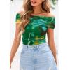 imagePRETTYGARDEN Off The Shoulder Tops for Women 2025 Summer Short Sleeve Ruched Slim Fit Shirts Blouses Y2K Going Out TopFloral Green