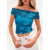 imagePRETTYGARDEN Off The Shoulder Tops for Women 2025 Summer Short Sleeve Ruched Slim Fit Shirts Blouses Y2K Going Out TopFloral Lake Blue