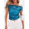 imagePRETTYGARDEN Off The Shoulder Tops for Women 2025 Summer Short Sleeve Ruched Slim Fit Shirts Blouses Y2K Going Out TopFloral Lake Blue