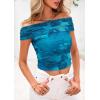 imagePRETTYGARDEN Off The Shoulder Tops for Women 2025 Summer Short Sleeve Ruched Slim Fit Shirts Blouses Y2K Going Out TopFloral Lake Blue