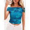 imagePRETTYGARDEN Off The Shoulder Tops for Women 2025 Summer Short Sleeve Ruched Slim Fit Shirts Blouses Y2K Going Out TopFloral Lake Blue