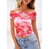 imagePRETTYGARDEN Off The Shoulder Tops for Women 2025 Summer Short Sleeve Ruched Slim Fit Shirts Blouses Y2K Going Out TopFloral Light Orange
