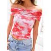 imagePRETTYGARDEN Off The Shoulder Tops for Women 2025 Summer Short Sleeve Ruched Slim Fit Shirts Blouses Y2K Going Out TopFloral Light Orange