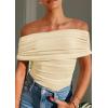 imagePRETTYGARDEN Off The Shoulder Tops for Women 2025 Summer Short Sleeve Ruched Slim Fit Shirts Blouses Y2K Going Out TopLight Apricot
