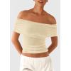 imagePRETTYGARDEN Off The Shoulder Tops for Women 2025 Summer Short Sleeve Ruched Slim Fit Shirts Blouses Y2K Going Out TopLight Apricot