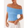 imagePRETTYGARDEN Off The Shoulder Tops for Women 2025 Summer Short Sleeve Ruched Slim Fit Shirts Blouses Y2K Going Out TopLight Blue