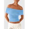 imagePRETTYGARDEN Off The Shoulder Tops for Women 2025 Summer Short Sleeve Ruched Slim Fit Shirts Blouses Y2K Going Out TopLight Blue