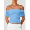 imagePRETTYGARDEN Off The Shoulder Tops for Women 2025 Summer Short Sleeve Ruched Slim Fit Shirts Blouses Y2K Going Out TopLight Blue