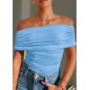 imagePRETTYGARDEN Off The Shoulder Tops for Women 2025 Summer Short Sleeve Ruched Slim Fit Shirts Blouses Y2K Going Out TopLight Blue