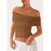 imagePRETTYGARDEN Off The Shoulder Tops for Women 2025 Summer Short Sleeve Ruched Slim Fit Shirts Blouses Y2K Going Out TopLight Brown