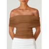 imagePRETTYGARDEN Off The Shoulder Tops for Women 2025 Summer Short Sleeve Ruched Slim Fit Shirts Blouses Y2K Going Out TopLight Brown