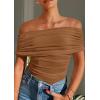 imagePRETTYGARDEN Off The Shoulder Tops for Women 2025 Summer Short Sleeve Ruched Slim Fit Shirts Blouses Y2K Going Out TopLight Brown