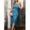 imagePRETTYGARDEN Womens Summer Ruched Bodycon Dress Sleeveless One Shoulder Wrap Satin Wedding Guest Cocktail Midi DressBlue