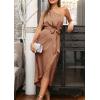 imagePRETTYGARDEN Womens Summer Ruched Bodycon Dress Sleeveless One Shoulder Wrap Satin Wedding Guest Cocktail Midi DressBrown