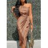 imagePRETTYGARDEN Womens Summer Ruched Bodycon Dress Sleeveless One Shoulder Wrap Satin Wedding Guest Cocktail Midi DressBrown