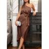 imagePRETTYGARDEN Womens Summer Ruched Bodycon Dress Sleeveless One Shoulder Wrap Satin Wedding Guest Cocktail Midi DressDark Brown