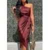 imagePRETTYGARDEN Womens Summer Ruched Bodycon Dress Sleeveless One Shoulder Wrap Satin Wedding Guest Cocktail Midi DressDark Brown Red