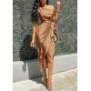 imagePRETTYGARDEN Womens Summer Ruched Bodycon Dress Sleeveless One Shoulder Wrap Satin Wedding Guest Cocktail Midi DressKhaki