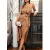 imagePRETTYGARDEN Womens Summer Ruched Bodycon Dress Sleeveless One Shoulder Wrap Satin Wedding Guest Cocktail Midi DressKhaki