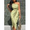 imagePRETTYGARDEN Womens Summer Ruched Bodycon Dress Sleeveless One Shoulder Wrap Satin Wedding Guest Cocktail Midi DressLight Green