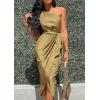 imagePRETTYGARDEN Womens Summer Ruched Bodycon Dress Sleeveless One Shoulder Wrap Satin Wedding Guest Cocktail Midi DressOlive Green