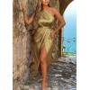 imagePRETTYGARDEN Womens Summer Ruched Bodycon Dress Sleeveless One Shoulder Wrap Satin Wedding Guest Cocktail Midi DressOlive Green