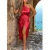 imagePRETTYGARDEN Womens Summer Ruched Bodycon Dress Sleeveless One Shoulder Wrap Satin Wedding Guest Cocktail Midi DressRed