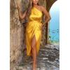 imagePRETTYGARDEN Womens Summer Ruched Bodycon Dress Sleeveless One Shoulder Wrap Satin Wedding Guest Cocktail Midi DressYellow