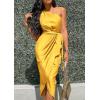 imagePRETTYGARDEN Womens Summer Ruched Bodycon Dress Sleeveless One Shoulder Wrap Satin Wedding Guest Cocktail Midi DressYellow