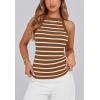 imagePRETTYGARDEN Womens Tops Dressy Casual Halter Neck Going Out Tank Tops for Women 2025 Slim Fit Ribbed Striped Summer TanksCoffee