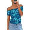 imagePRETTYGARDEN Off The Shoulder Tops for Women 2025 Summer Short Sleeve Ruched Slim Fit Shirts Blouses Y2K Going Out TopFloral Lake Blue