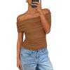 imagePRETTYGARDEN Off The Shoulder Tops for Women 2025 Summer Short Sleeve Ruched Slim Fit Shirts Blouses Y2K Going Out TopLight Brown